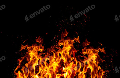 Preview: Bright, blazing fire flames and sparks on a black background. Orange and yellow flames.