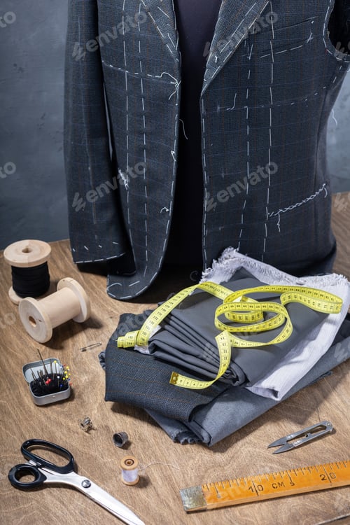 Preview: suit jacket on male tailor mannequin and sewing tools
