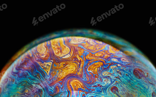 Preview: Virtual reality space with abstract multicolor psychedelic planet. Closeup Soap bubble.