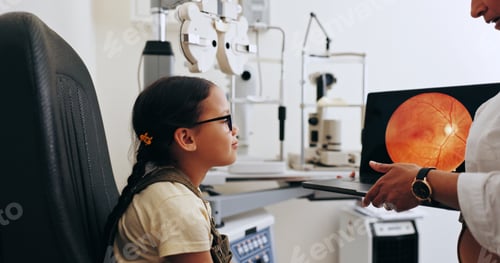 Preview: Doctor, laptop or girl in eye test at optometry at optometry clinic for eyewear diagnosis or sight