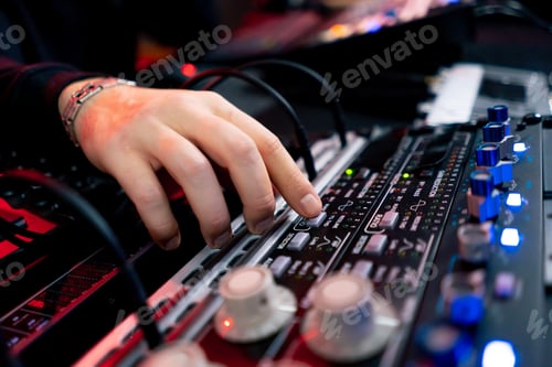 Preview: close up the recording room dark with neon lighting in the studio the sound engineer works with the