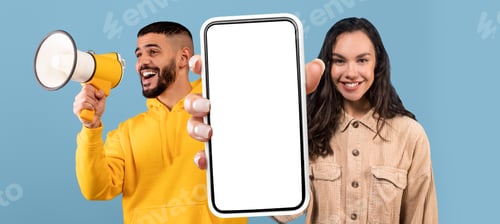 Preview: Great Offer. Arab Man Using Megaphone While Young Woman Holding Blank Smartphone