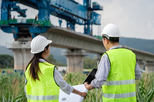 Preview: construction workers in safety vests are looking at a bridge