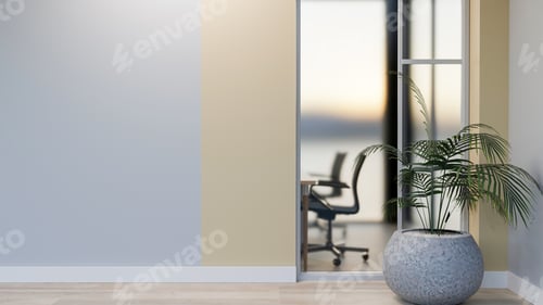 Preview: A modern, simple office corridor with an empty wall, and a window looking into a meeting room.
