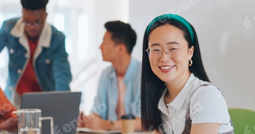 Preview: Face, business and Asian woman in meeting, thinking and happy with notes for startup company. Japan
