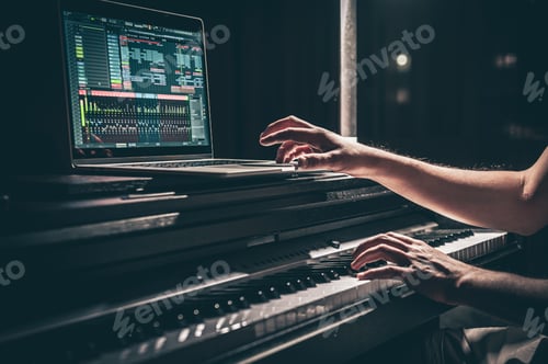 Preview: Person Playing Piano with Laptop Recording Software