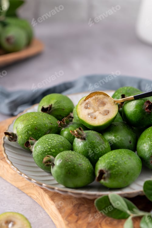Preview: Fresh feijoa fruit with a spoon ready to eat