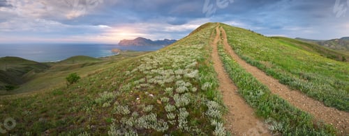 Preview: Road lane, sea and mountains spring bay