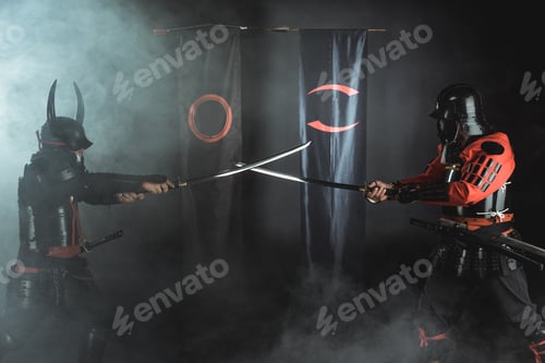 Preview: samurai warriors crossing katana swords in front of clan symbols