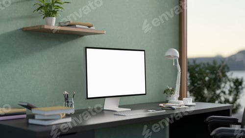Preview: White screen computer with lamp and books on black table in a green wall room with scenery outside.