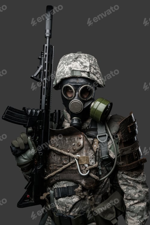 Preview: African soldier with gas mask and rifle dresed in uniform