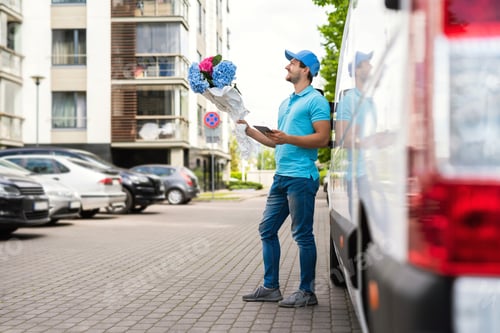 Preview: Happy courier with a tablet PC during flowers delivery
