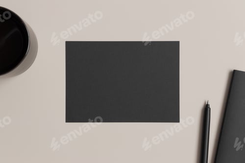 Preview: Invitation black card mockup with workspace accessories. 5x7 ratio, similar to A6, A5.