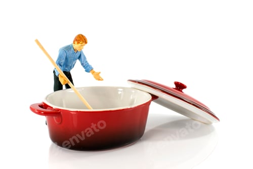 Preview: puppet man stirring in empty saucepan