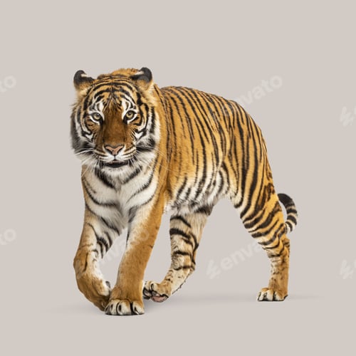 Preview: Studio shot of a tiger pacing confidently against a neutral background