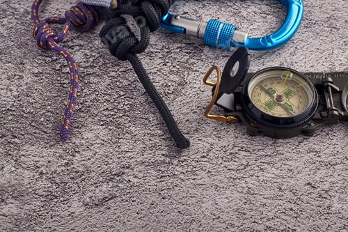 Preview: Top view closeup of a colorful carabiner and a compass placed on the ground