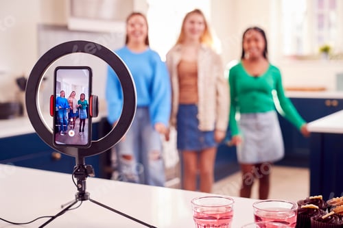 Preview: Group Of Teenage Girls In Bedroom Recording Online Dance Video On Mobile Phone For Social Media