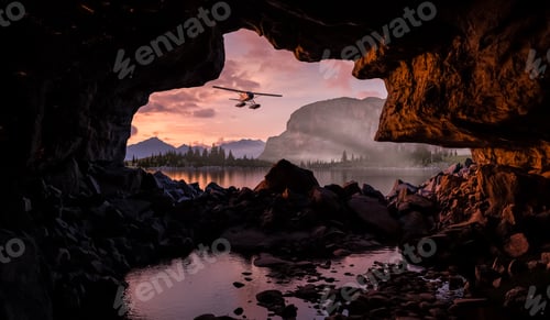 Preview: Dramatic Sunset View From A Cave Opening As Airplane Flies Over Mountain Lake Scene