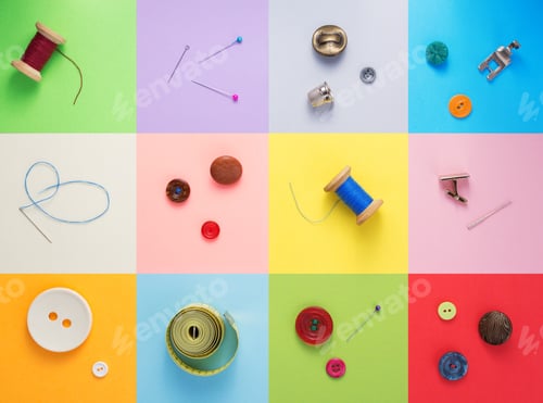 Preview: sewing tools and accessories at paper background texture