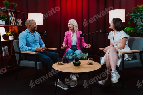 Preview: Content creators broadcasting live podcast interview using microphones