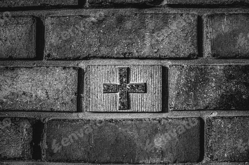 Preview: image of a Christian cross in a brick wall, religious procession, black and white photo