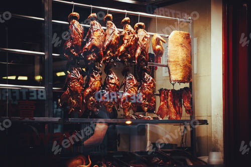 Preview: China Town, duck, hanging food, Chinese, urban scene, cinematic, street food, selective focus.
