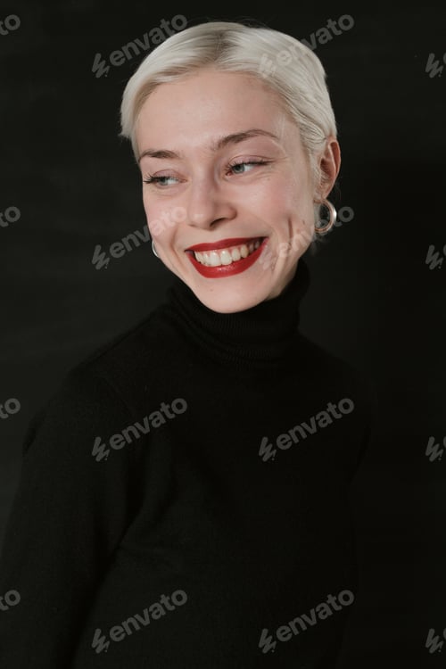 Preview: Beautiful Emotional Girl With White Hair On A Black Background