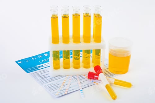 Preview: Laboratory ware with urine sample for analysis on white background