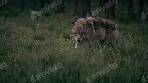 Preview: Lone wolf stands atop a rocky precipice, surveying the forested landscape