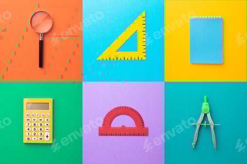 Preview: Back to school colorful background. Bright desk with various supplies, stationery.