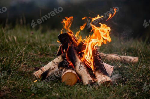 Preview: Bonfire. Orange flame of a fire. Bonfire on the grill with smoke. Bonfire background. campfire