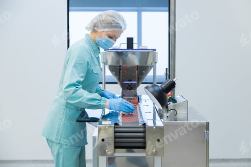 Preview: Pharmacy industry woman worker in protective clothing operating production of tablets in sterile