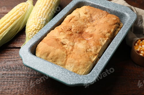 Preview: Freshly baked cornbread, seeds and cobs on wooden table, closeup