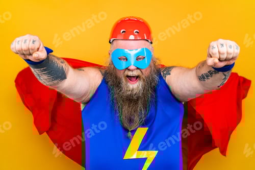 Preview: Funny fat man with superhero costume