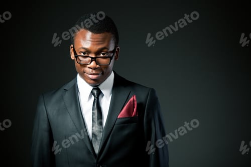 Preview: Young handsome african businessman in grey costume, white shirt, tie and glasses standing and