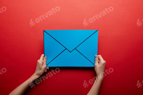 Preview: top view of blue mail sign on red background