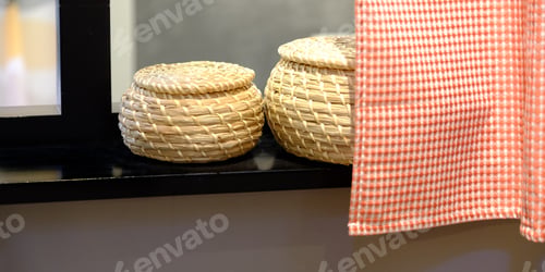Preview: Rolled Towels With Wicker Basket On Shelf Of Rack Background