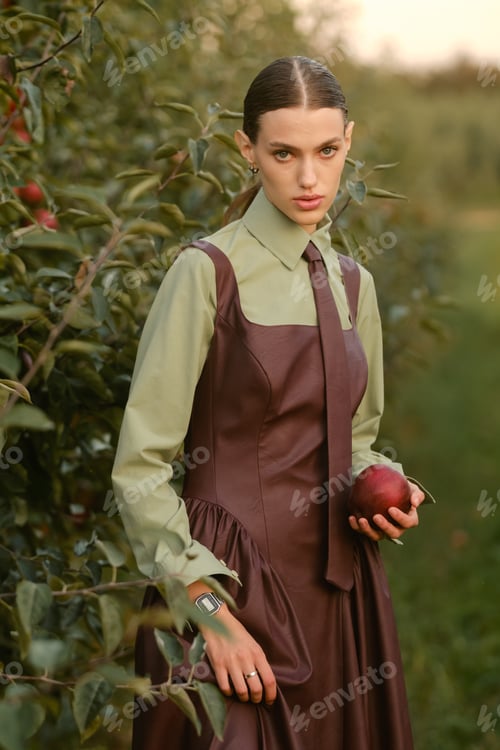 Preview: Portrait of a beautiful girl, stylishly dressed, with apples in the garden.