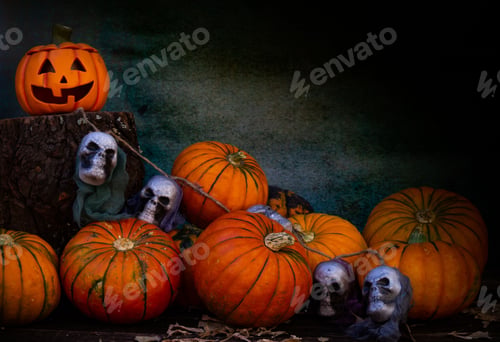 Preview: halloween decoration with pumpkins and skull