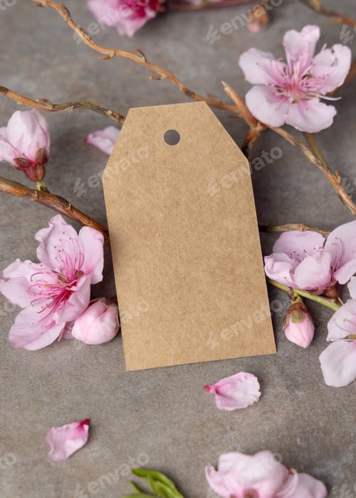 Preview: Blank gift tag mockup with pink spring flowers and wooden twigs on grey stone, label design
