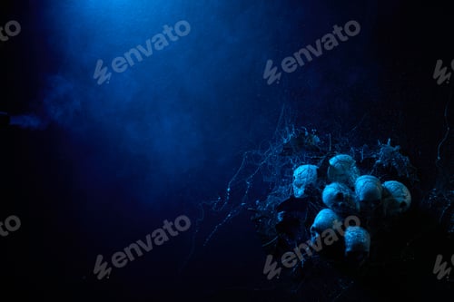 Preview: Halloween human skulls in abstract smoke on black background.