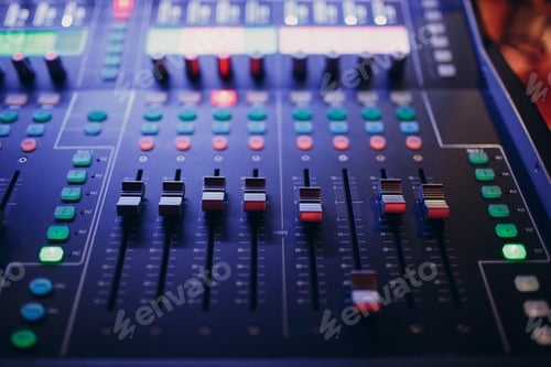 Preview: Mixing console, hand equalizing audio sound channels in night club