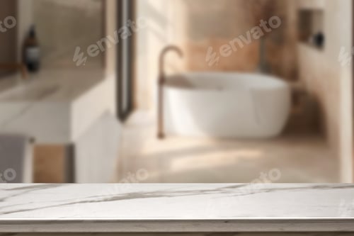 Vista previa: Mesa superior de mármol vacía con fondo interior de baño borro. para exhibición de productos