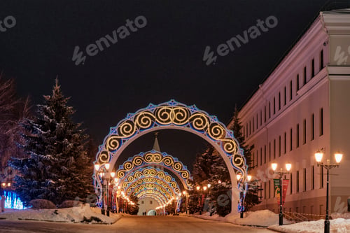 Preview: Decorated Kremlin night street in the Kazan Kremlin in winter, Kazan, Russia.