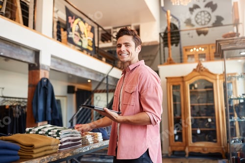 Preview: Portrait Of Male Owner Of Fashion Store Using Digital Tablet To Check Stock In Clothing Store