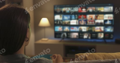 Preview: Young woman watching video on demand on her TV