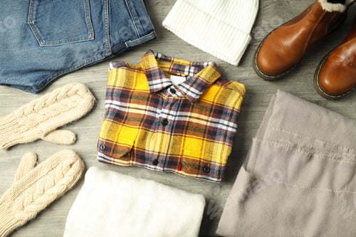 Preview: Concept of winter clothes on gray wooden table