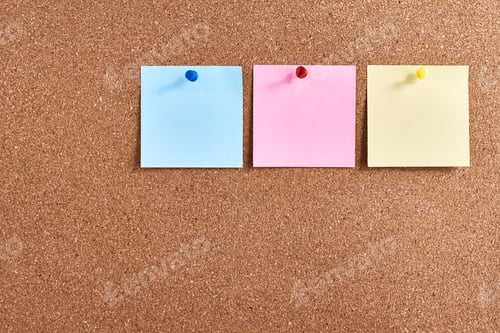 Preview: Three sticky notes pinned on a cork board. Planning and brainstorming concept
