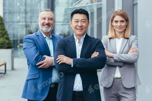 Preview: Business team, male and female colleagues in business attire looking at camera