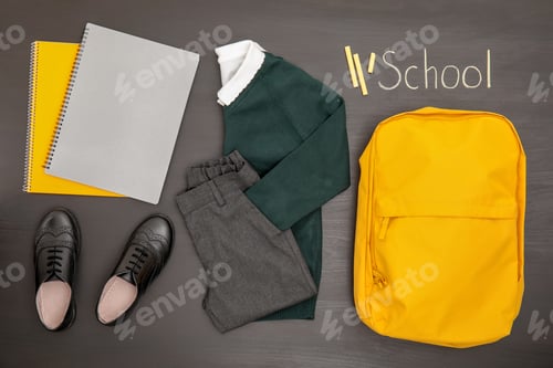 Preview: School uniform on wooden background, top view